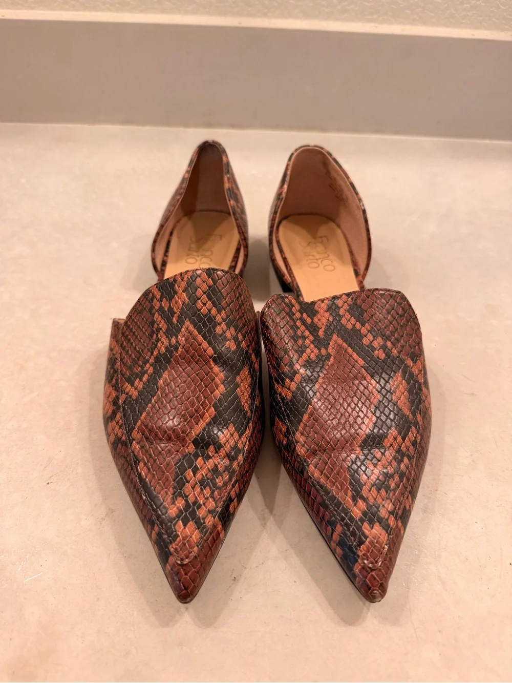 Franco Sarto Pointed D'Orsay Flats in Brown Snake Print